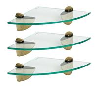 Harbour Housewares 3X Floating Glass Corner Shelves - 20Cm - Gold Brackets - Bathroom Shower Storage Vanity Display Unit Shelf