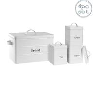 Harbour Housewares 4 Piece Kitchen Canisters Set - White - Vintage Metal Storage Caddy Bread Bin Jar