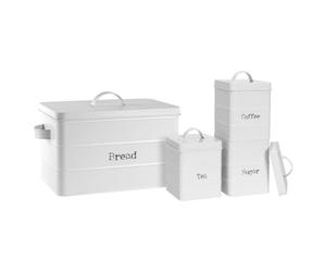 Harbour Housewares 4 Piece Vintage Tea Coffee Sugar and Bread Storage Canisters - Metal Square Jar Airtight Seal - Matte White