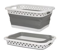 Harbour Housewares 42L Collapsible Laundry Basket - White/Grey - Large Plastic Foldable Folding Pop Up Space Saving Washing Storage Clothes Container Organiser Hamper Bin with Handles