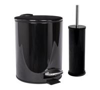 Harbour Housewares 5L Bathroom Bin & Brush Set - Black - Round Stainless Steel Slim Trashcan Pedal Bin & Toilet Brush Set