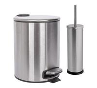 Harbour Housewares 5L Bathroom Bin & Brush Set - Brushed - Round Stainless Steel Slim Trashcan Pedal Bin & Toilet Brush Set