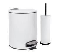 Harbour Housewares 5L Bathroom Bin & Brush Set - White - Round Stainless Steel Slim Trashcan Pedal Bin & Toilet Brush Set