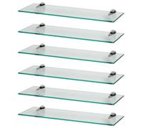 Harbour Housewares 6X Floating Glass Shelves - 60Cm - Silver Brackets - Bathroom Shower Storage Vanity Display Unit Shelf