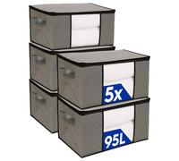 Harbour Housewares 95 Litre Clothes Storage Bags with Lid - Grey - 5x Large Foldable Flat Pack Fabric Bedroom Wardrobe Shoe Bedding Clothing Duvet Blanket Organiser Box with Zip and Handles