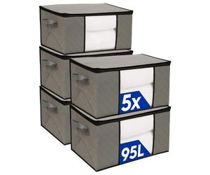 Harbour Housewares 95 Litre Clothes Storage Bags with Lid - Set of 5 Grey Foldable Fabric Organiser Boxes with Zip and Handles - Wardrobe Bedroom Underbed Storage Box Container for Bedding Shoe Duvet