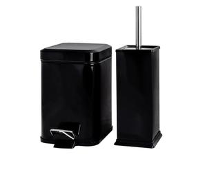 Harbour Housewares Bathroom Bin & Brush Set - Black - 2pc Square Stainless Steel Pedal Bin & Toilet Brush Set Slim Small Trashcan for Kitchen Waste, Bathroom Rubbish