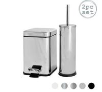 Harbour Housewares Bathroom Bin & Toilet Brush Set - 3L - Chrome - Mismatched Stainless Steel Slim Trashcan Rubbish Bin & Brush