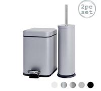 Harbour Housewares Bathroom Bin & Toilet Brush Set - 3L - Matt Grey - Mismatched Stainless Steel Slim Trashcan Rubbish Bin & Brush