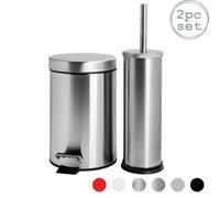 Harbour Housewares Bathroom Bin & Toilet Brush Set - 3L - Matt - Round Stainless Steel Slim Trashcan Rubbish Bin & Brush