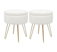 Harbour Housewares 2X Boucle Storage Footstools - Round Modern Dressing Table Footstool Vanity Seat Chairs - 46 X 37Cm Gold Legs