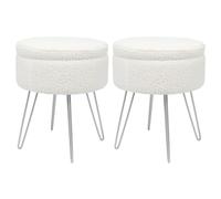 Harbour Housewares 2X Boucle Storage Footstools - Round Modern Dressing Table Footstool Vanity Seat Chairs - 46 X 37Cm Silver Legs