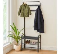 Harbour Housewares Coat Rack with Shoe Storage Bench - Curved Steel Frame Hall Coat Stand in Black Harbour Housewares Black