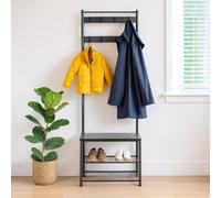 Harbour Housewares Coat Rack With Shoe Storage Bench - Square Steel Frame - Black Hall Tree Coat Stand With 9 Hooks & Shoe Shelf