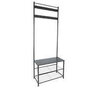 Harbour Housewares Coat Rack with Shoe Storage Bench - Wooden, Steel Frame - Square - Black/Black - 4 in 1 Hall Tree Coat Stand with 9 Hooks with 3-Tier Shoe Rack Shelves Organiser for Hallway
