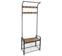 Harbour Housewares Curved Hallway Coat Rack With Shoe Bench - Black Frame & Brown Wood