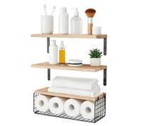 Harbour Housewares Floating Shelves With Wire Storage Basket - Set Of 3 Rustic Wooden Shelves Wall Mounted Book Display Shelf Unit