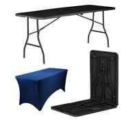 Harbour Housewares Folding Camping Picnic Table With Fitted Tablecloth - 180Cm (6Ft) - Black/blue - Portable Plastic Outdoor Party Display
