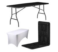 Harbour Housewares Folding Camping Picnic Table With Fitted Tablecloth - 180Cm (6Ft) - Black/white - Portable Plastic Outdoor Party Display