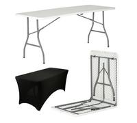 Harbour Housewares Folding Camping Picnic Table With Fitted Tablecloth - 180Cm (6Ft) - White/black - Portable Plastic Outdoor Party Display