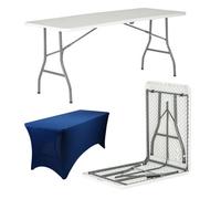 Harbour Housewares Folding Camping Picnic Table With Fitted Tablecloth - 180Cm (6Ft) - White/blue - Portable Plastic Outdoor Party Display