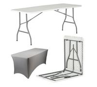 Harbour Housewares Folding Camping Picnic Table With Fitted Tablecloth - 180Cm (6Ft) - White/grey - Portable Plastic Outdoor Party Display