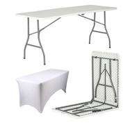 Harbour Housewares Folding Camping Picnic Table With Fitted Tablecloth - 180Cm (6Ft) - White/white - Portable Plastic Outdoor Party Display