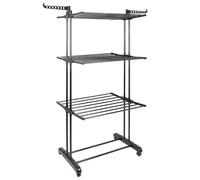 Harbour Housewares Folding Metal Wheeled Clothes Airer - 4-Tier - Black, Compact Foldable Laundry Rack, Shoe Rack & Hanger Hooks, Durable Powder-Coated Steel