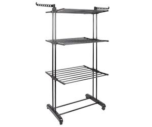 Harbour Housewares Folding Metal Wheeled Clothes Airer - 4-Tier - Black, Compact Foldable Laundry Rack, Shoe Rack & Hanger Hooks, Durable Powder-Coated Steel