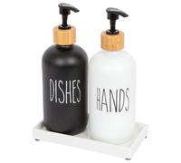 Harbour Housewares 2 Piece Glass Hand and Dish Soap Dispenser Set with Ceramic Tray - 500ml White and Black Refillable Bottles with Pumps - Kitchen and Bathroom Accessories for Sink Organisation