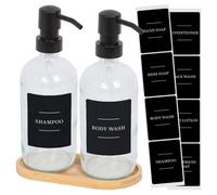 Harbour Housewares Glass Soap Dispenser 500Ml With Bamboo Tray & Labels 2Pc Set - Refillable Kitchen Bathroom Clear White