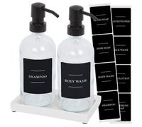 Harbour Housewares Glass Soap Dispenser 500Ml With Ceramic Tray & Labels 2Pc Set - Refillable Kitchen Bathroom Clear White