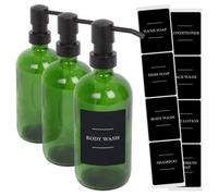 Harbour Housewares Glass Soap Dispensers with Labels Pack of 3-500ml Green Refillable Bottles with Pumps and Black Labels - Bathroom and Kitchen Accessories for Hand Wash, Lotion or Sanitiser