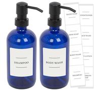 Harbour Housewares Glass Soap Dispensers with Labels Pack of 2-500ml Blue Refillable Bottles with Black Pumps and White Labels - Bathroom and Kitchen Accessories for Hand Wash, Lotion or Sanitiser