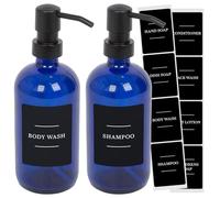 Harbour Housewares Glass Soap Dispensers with Labels Pack of 2-500ml Blue Refillable Bottles with Pumps and Black Labels - Bathroom and Kitchen Accessories for Hand Wash, Lotion or Sanitiser