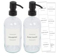 Harbour Housewares Glass Soap Dispensers with Labels Pack of 2-500ml Clear Refillable Bottles with Black Pumps and White Labels - Bathroom and Kitchen Accessories for Hand Wash, Lotion or Sanitiser