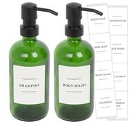 Harbour Housewares Glass Soap Dispensers with Labels Pack of 2-500ml Green Refillable Bottles with Black Pumps and White Labels - Bathroom and Kitchen Accessories for Hand Wash, Lotion or Sanitiser