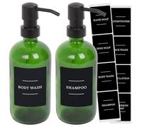 Harbour Housewares Glass Soap Dispensers with Labels Pack of 2-500ml Green Refillable Bottles with Pumps and Black Labels - Bathroom and Kitchen Accessories for Hand Wash, Lotion or Sanitiser