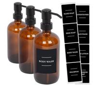 Harbour Housewares Glass Soap Dispensers with Labels Pack of 3-500ml Amber Refillable Bottles with Pumps and Black Labels - Bathroom and Kitchen Accessories for Hand Wash, Lotion or Sanitiser