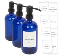 Harbour Housewares Glass Soap Dispensers with Labels Pack of 3-500ml Blue Refillable Bottles with Black Pumps and White Labels - Bathroom and Kitchen Accessories for Hand Wash, Lotion or Sanitiser