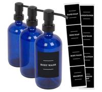 Harbour Housewares Glass Soap Dispensers with Labels Pack of 3-500ml Blue Refillable Bottles with Pumps and Black Labels - Bathroom and Kitchen Accessories for Hand Wash, Lotion or Sanitiser