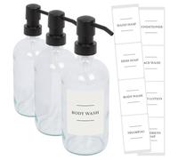 Harbour Housewares Glass Soap Dispensers with Labels Pack of 3-500ml Clear Refillable Bottles with Black Pumps and White Labels - Bathroom and Kitchen Accessories for Hand Wash, Lotion or Sanitiser