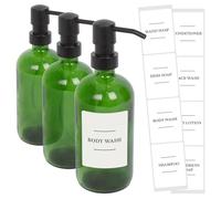 Harbour Housewares Glass Soap Dispensers with Labels Pack of 3-500ml Green Refillable Bottles with Black Pumps and White Labels - Bathroom and Kitchen Accessories for Hand Wash, Lotion or Sanitiser