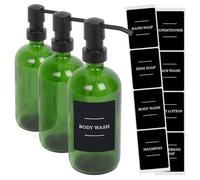 Harbour Housewares Glass Soap Dispensers with Labels Pack of 3-500ml Green Refillable Bottles with Pumps and Black Labels - Bathroom and Kitchen Accessories for Hand Wash, Lotion or Sanitiser