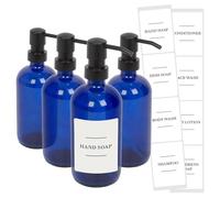 Harbour Housewares Glass Soap Dispensers with Labels Pack of 4-500ml Blue Refillable Bottles with Black Pumps and White Labels - Bathroom and Kitchen Accessories for Hand Wash, Lotion or Sanitiser