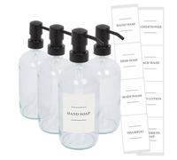 Harbour Housewares Glass Soap Dispensers with Labels Pack of 4-500ml Clear Refillable Bottles with Black Pumps and White Labels - Bathroom and Kitchen Accessories for Hand Wash, Lotion or Sanitiser