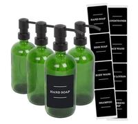 Harbour Housewares Glass Soap Dispensers with Labels Pack of 4-500ml Green Refillable Bottles with Pumps and Black Labels - Bathroom and Kitchen Accessories for Hand Wash, Lotion or Sanitiser