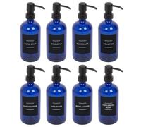Harbour Housewares Glass Soap Dispensers with Labels Pack of 8-500ml Blue Refillable Bottles with Pumps and Black Labels - Bathroom and Kitchen Accessories for Hand Wash, Lotion or Sanitiser