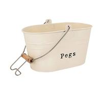 Harbour Housewares Industrial Laundry Peg Bucket - Cream - Vintage Steel Storage Tub with Wooden Grip Handle & Hook - Retro Clothes Peg Organizer for Laundry Room