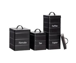 Harbour Housewares Metal Kitchen Canister Set - Black - 4pc Vintage Retro Food Storage Preservation Canister Caddy Container Biscuit Tin with Airtight Fit Lid for Kitchen Organisation & Home Décor